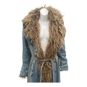 Y2K Denim Duster Trench Faux Fur Trim! Super cute 00s Jacket